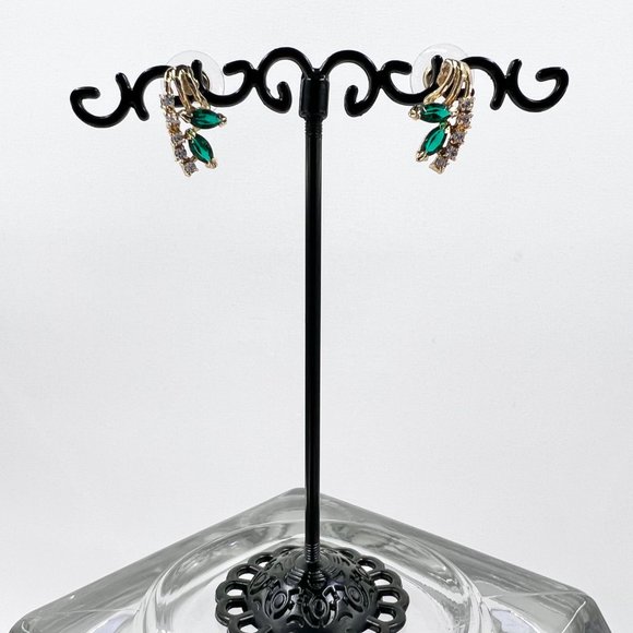 Green & Clear Rhinestone Gold Tone Post Earrings - Picture 2 of 7